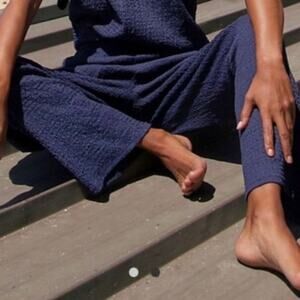 Free People Deep Blue Textured Flare Jumpsuit